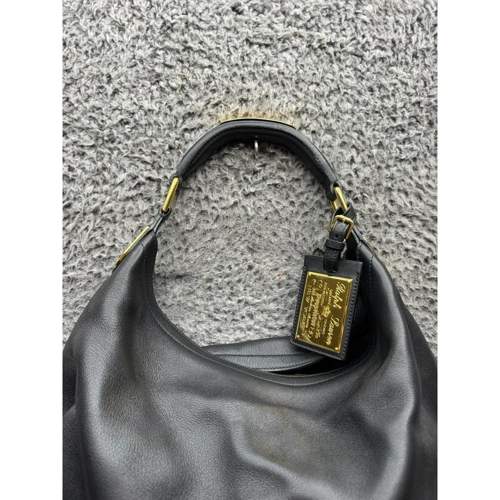 Ralph Lauren Women's Gold-Tone Genuine Italian Leather Hobo Shoulder Bag‎ Black